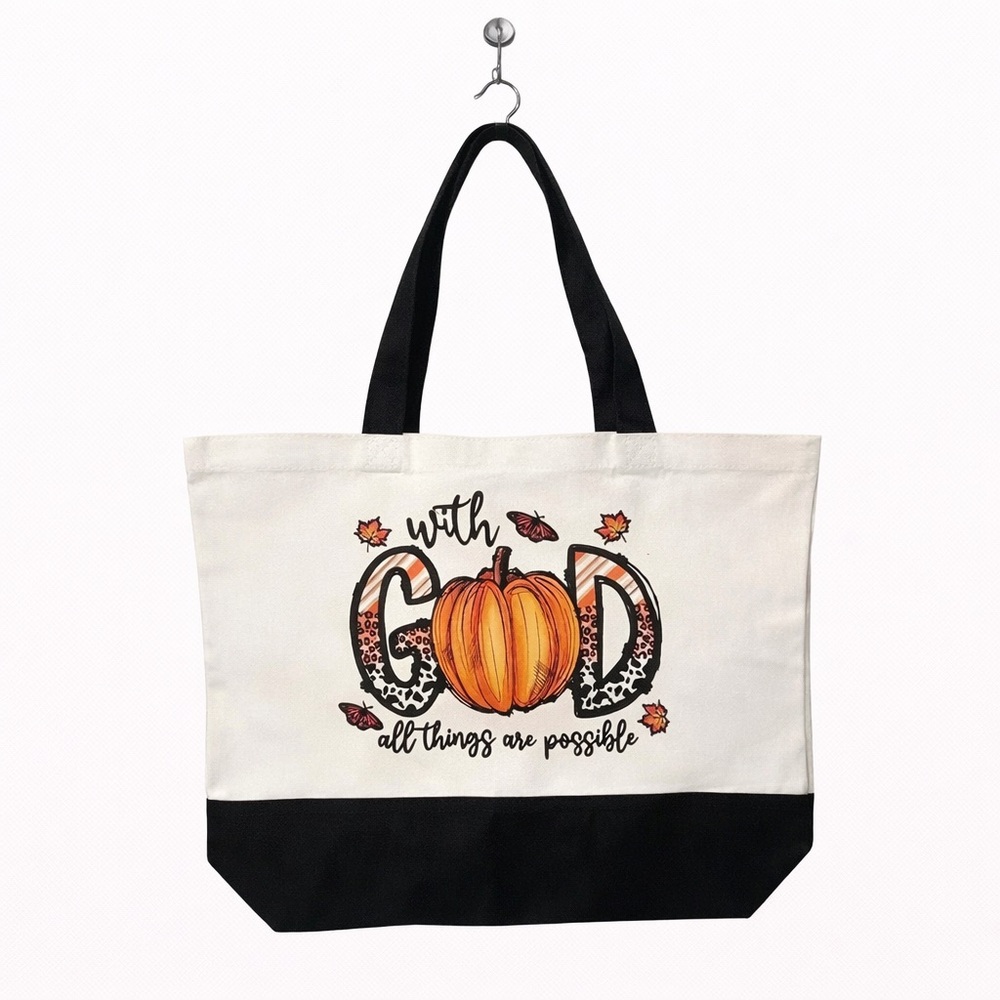 “With God All Things Are Possible” / Fall Canvas Tote Bag - Fall/Autumn Design